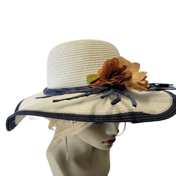 WHITE Paper Straw Hat Blue Trim Floral Embellish Wide Brim Sun Beach Hat - Picture 6 of 13